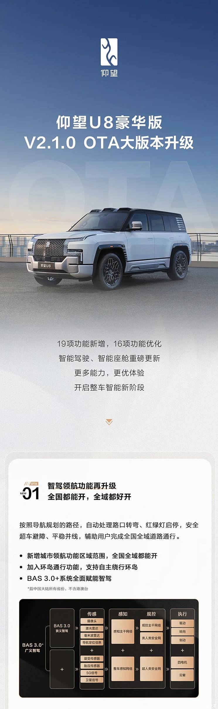 城市领航全国开通 仰望U8迎来V2.1.0 OTA升级 共19项新增功能